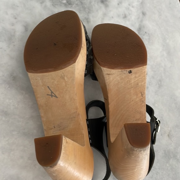 Swedish Hasbeens Black Braided Sky High Peep toe Wooden Stapled Clogs/Sandals - Picture 16 of 16